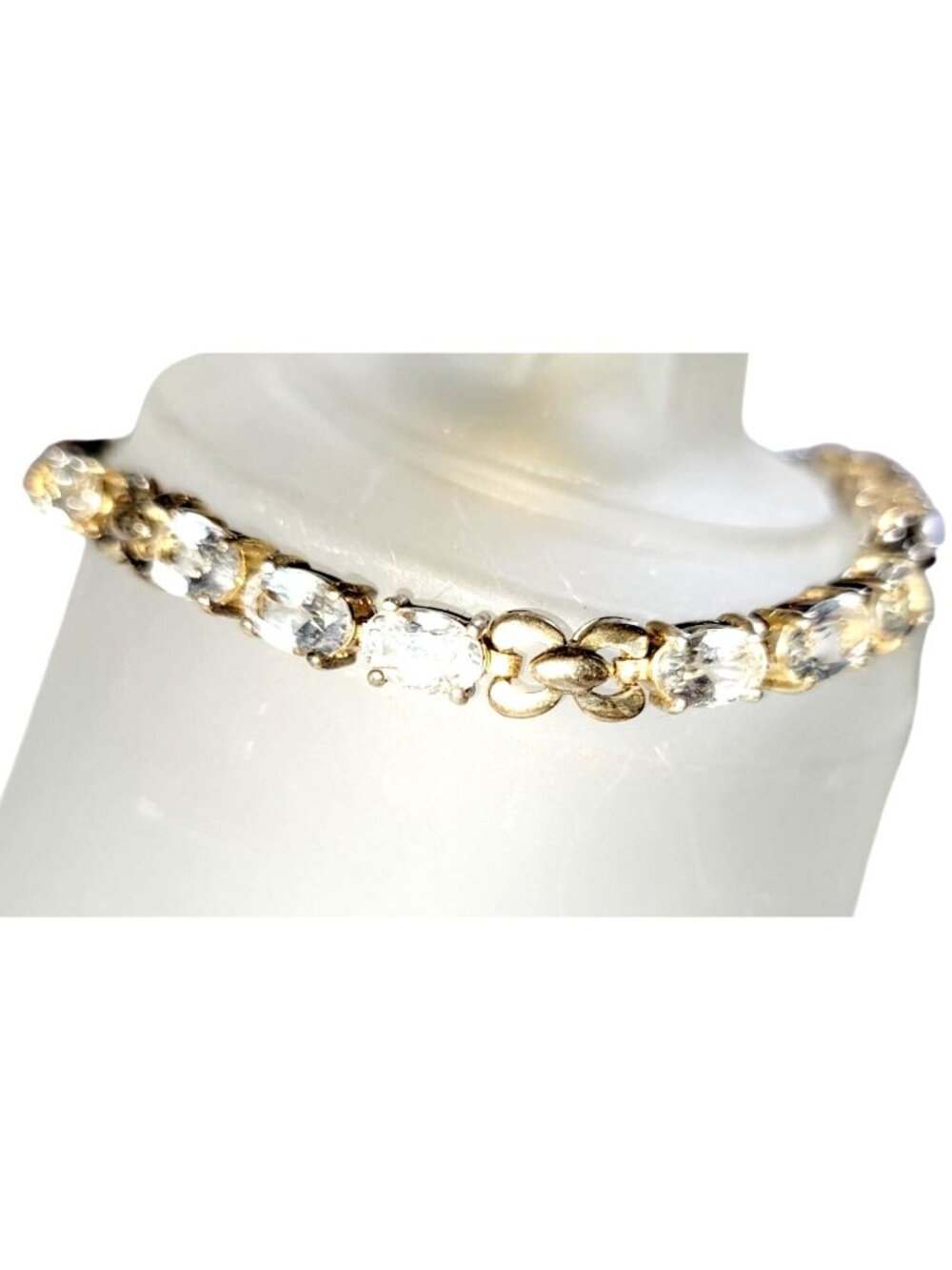 Vintage Oval CZ Diamonds Gold Over Sterling Silver Tennis Bracelet 8" Gold Tone